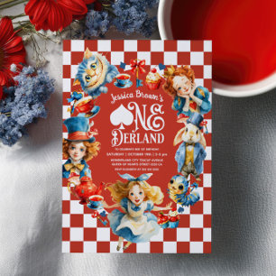 Red Alice in ONEDERLAND 1st Birthday Tea Party Invitation