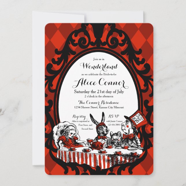 Red Alice in Wonderland Shower Invitations (Front)