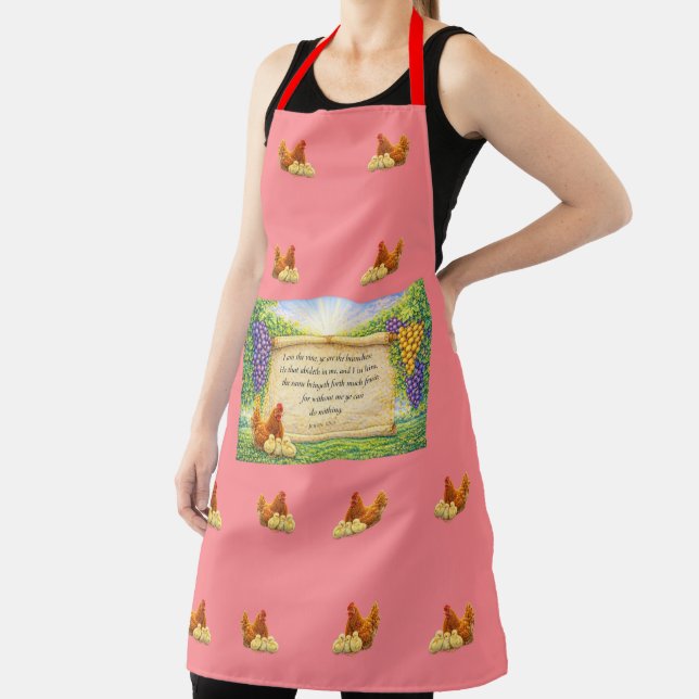 Red All-Over Apron with Chickens & Bible Verse (Insitu)