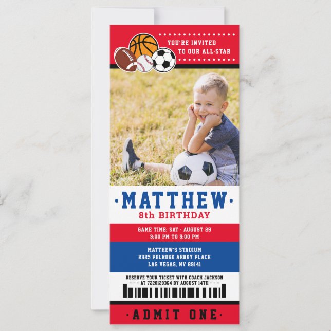 Red All Star Sport Ticket Birthday Party Photo Invitation (Front)