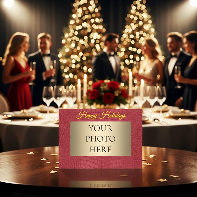 Red Alligator Printed Faux Texture Photo Happy Holiday Card (Opulent Merlot Alligator Skin Photo Happy Holiday Card)