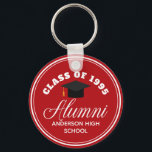 Red Alumni High School Reunion Personalised Key Ring<br><div class="desc">A classy custom class reunion party favour gift in red and white for a high school,  college,  or university. Customise with your school name and graduating class under the elegant calligraphy for a great personalised alumni keychain present.</div>