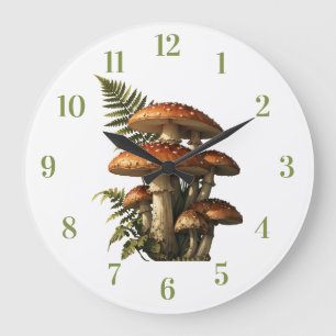 Red Amanita Mushrooms with Fern Botanical Large Clock