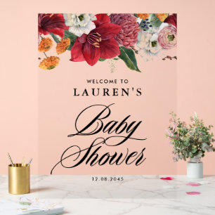 Red Amaryllis Botanical Baby Shower Welcome Acrylic Sign