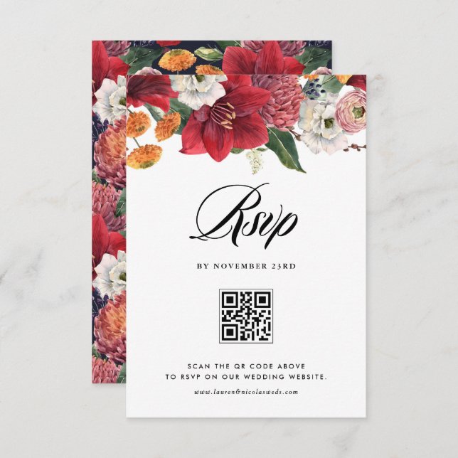 Red Amaryllis Botanical Winter Wedding QR Code RSVP Card (Front/Back)