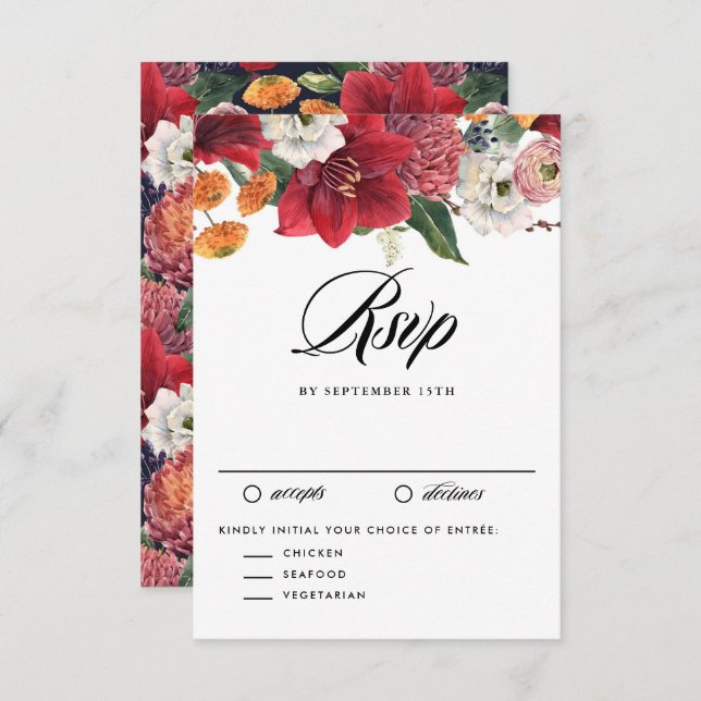 Red Amaryllis Botanical Winter Wedding RSVP Card (Front/Back)