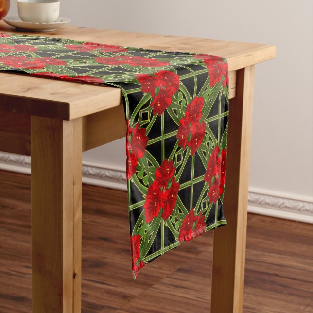 Red Amaryllis Floral Print Christmas Table Runner (In Situ)