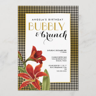Red Amaryllis Flower Checked Gold Invitation