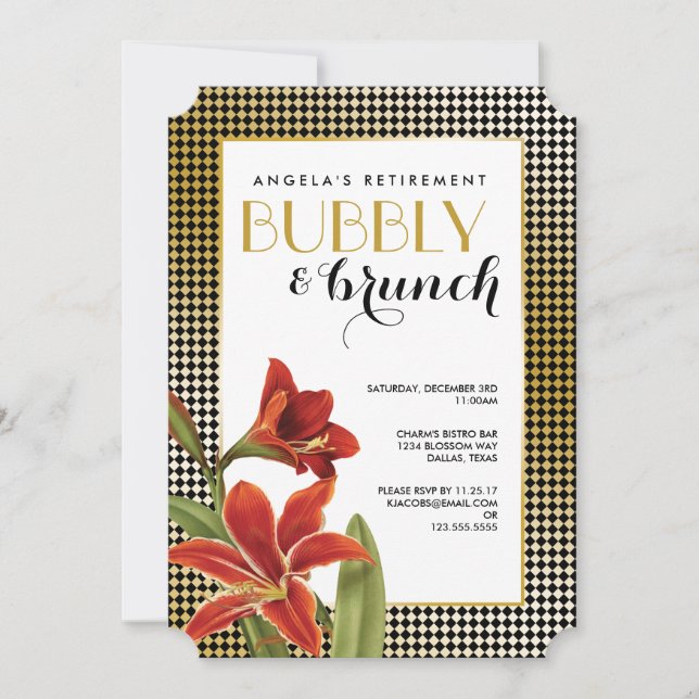 Red Amaryllis Flower Checked Gold Invitation (Front)