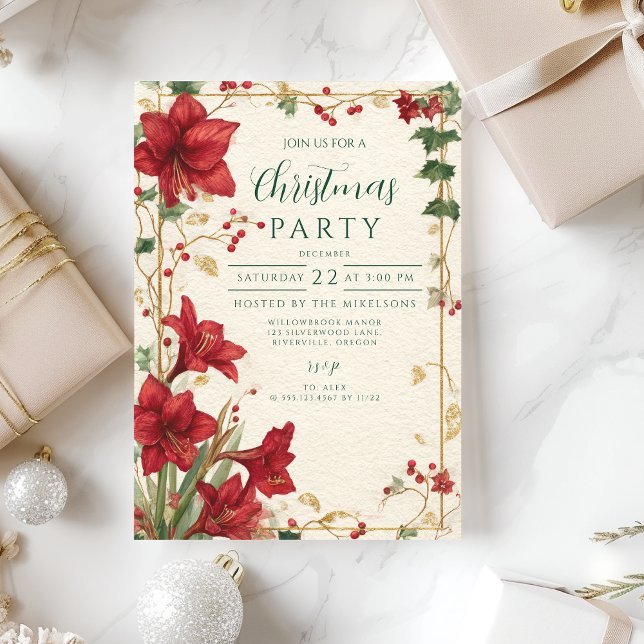 Red Amaryllis Rustic Christmas Invitation (Creator Uploaded)