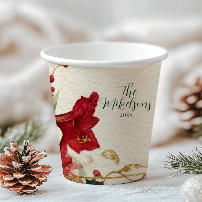 Red Amaryllis Rustic Christmas Paper Cups (Creator Uploaded)