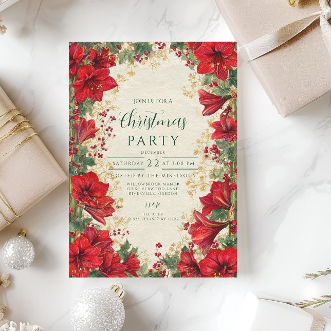 Red Amaryllis Rustic Holiday Christmas Invitation (Creator Uploaded)