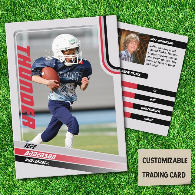 Red American Football Trading Card For Kids (American Football Player Trading Card for Kids in Grey with Custom Team and Player Name Red)