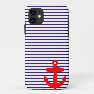 Red Anchor and Navy Blue Sailor Stripes iPhone 11 Case