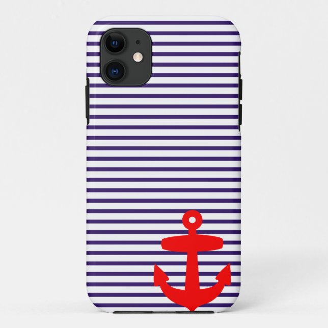Red Anchor and Navy Blue Sailor Stripes Case-Mate iPhone Case (Back)