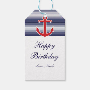 Red Anchor Nautical Blue & White Stripe Gift Tag