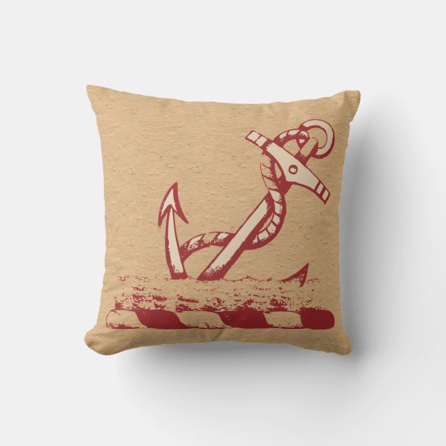 Red Anchor on a Nubby Tan Background Pillow (Front)