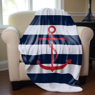 Red Anchor on Blue Stripes Fleece Blanket