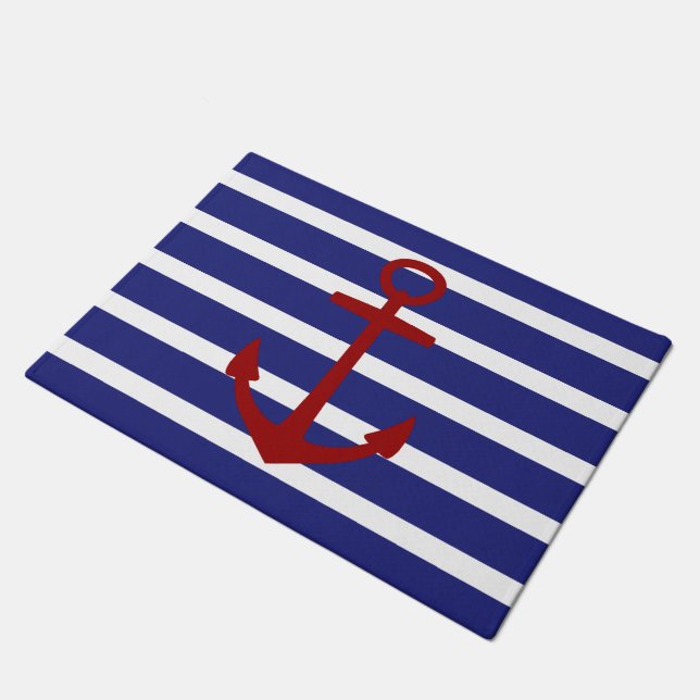 Red Anchor on Nautical Blue and White Stripes Doormat (Angled)