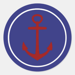 Red Anchor on Nautical Blue Background Classic Round Sticker