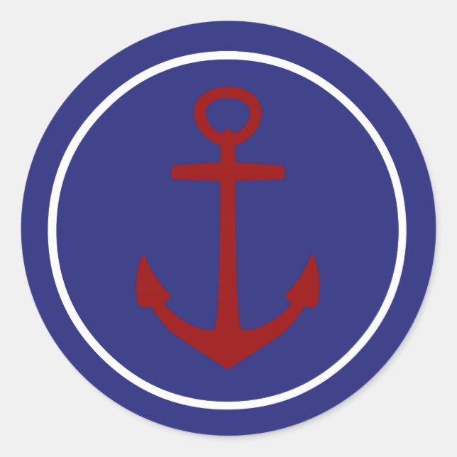 Red Anchor on Nautical Blue Background Classic Round Sticker (Front)