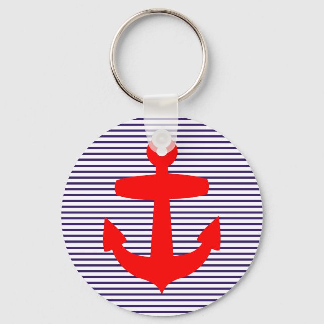 Red Anchor with Navy Blue Breton Stripes Key Ring (Front)