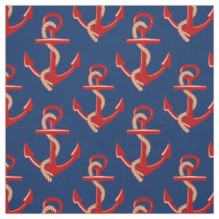 Red Anchors Nautical Pattern on Dark Blue Fabric