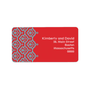 Red and Aqua Damask Wedding Address Labels