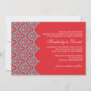 Red and Aqua Damask Wedding Invitation