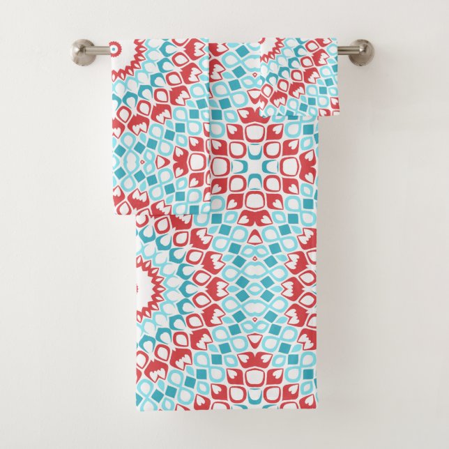 Red and Aqua Geometric Mandala Pattern Bath Towel Set (Insitu)