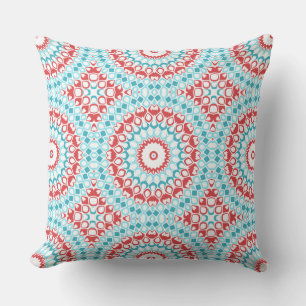 Red and Aqua Geometric Mandala Pattern Cushion