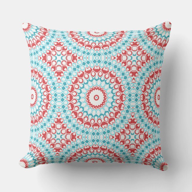 Red and Aqua Geometric Mandala Pattern Cushion (Front)