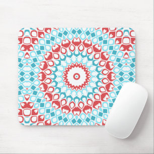 Red and Aqua Geometric Mandala Pattern Mouse Pad