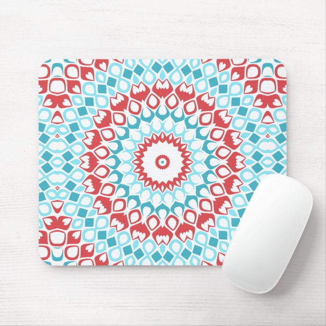 Red and Aqua Geometric Mandala Pattern Mouse Pad (With Mouse)