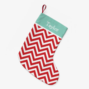Red and Aqua Holiday Chevron Monogram Small Christmas Stocking