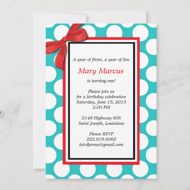 Red and Aqua Polka Dot Wedding Invitation (Front)