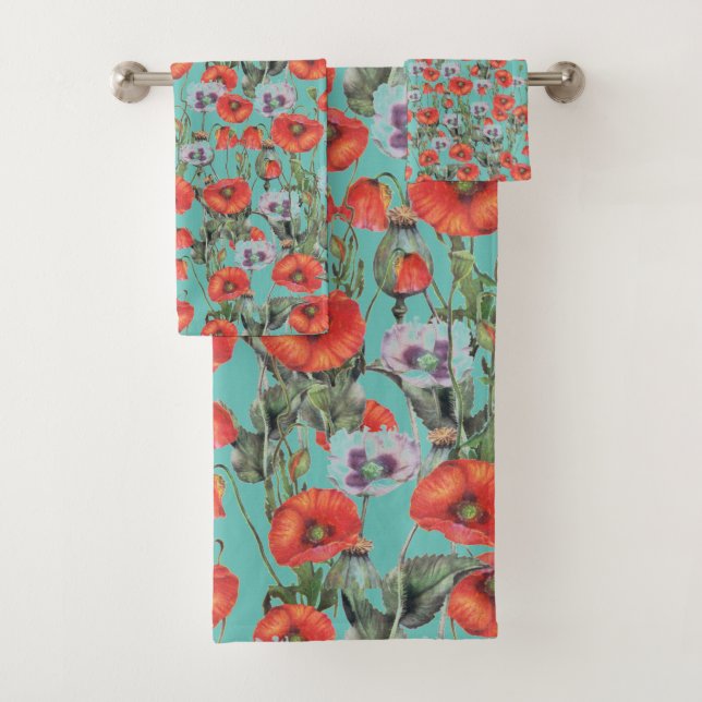 Red and Aqua Poppies Pattern  Bath Towel Set (Insitu)
