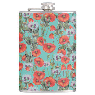 Red and Aqua Poppies Pattern  Hip Flask