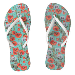 Red and Aqua Poppies Pattern   Jandals