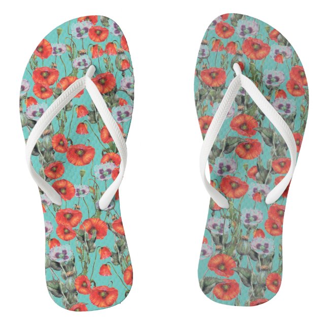 Red and Aqua Poppies Pattern   Jandals (Footbed)