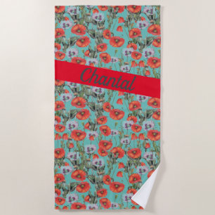 Red and Aqua Poppies Pattern Personalised Beach Towel