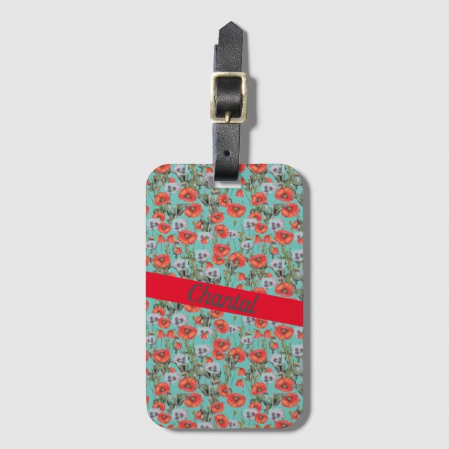 Red and Aqua Poppies Pattern Personalised  Luggage Tag (Front Vertical)