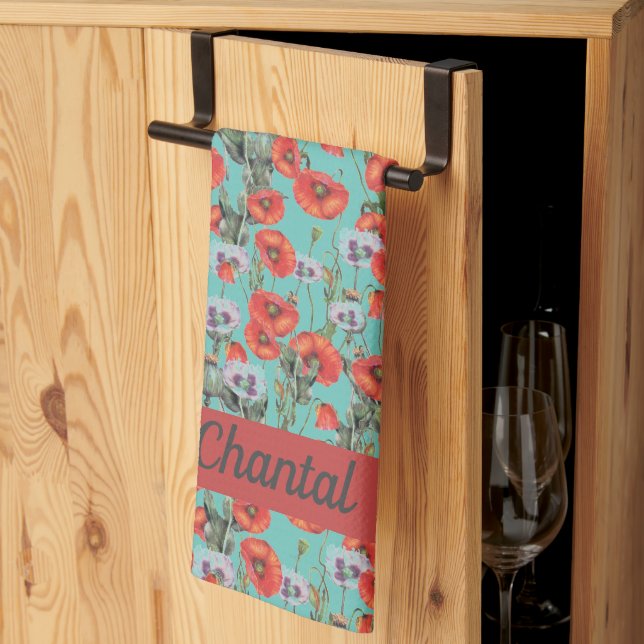Red and Aqua Poppies Pattern Personalised  Tea Towel (Thirds Fold)