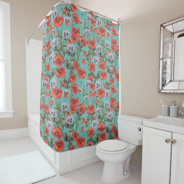 Red and Aqua Poppies Pattern Shower Curtain (In Situ)