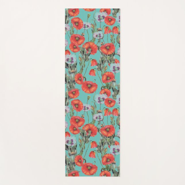 Red and Aqua Poppies Pattern  Yoga Mat (Front)