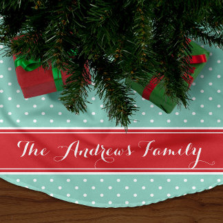 Red and Aqua Preppy Dots Monogram Brushed Polyester Tree Skirt