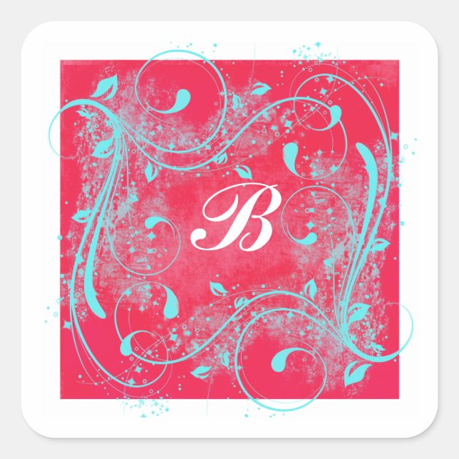 Red and Aqua Swirls 1.5" Monogrammed Sticker (Front)