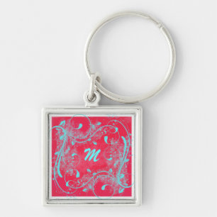Red and Aqua Swirls Monogram Keychain