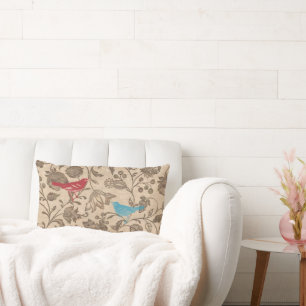 Red and Aqua Vintage Modern Floral Bird Pattern Lumbar Cushion