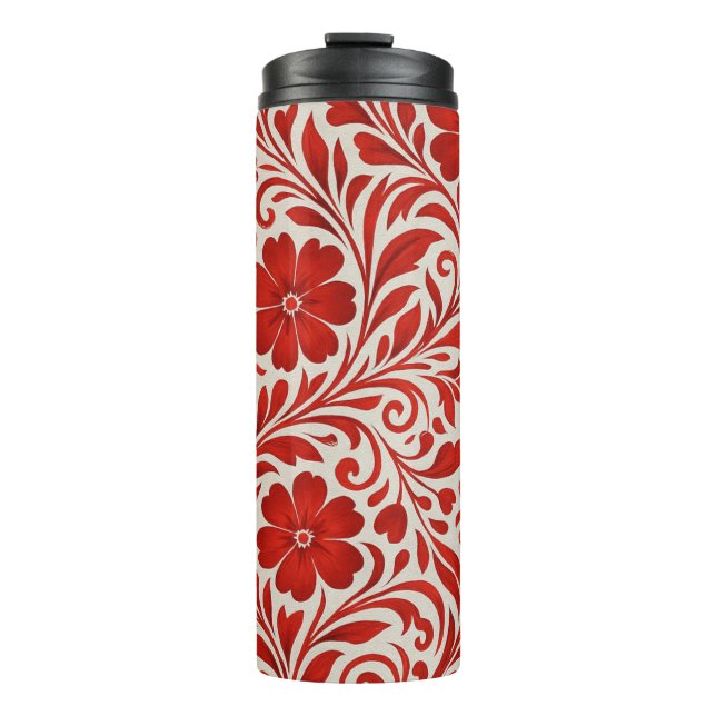 Red and Beige Bold Floral Pattern Thermal Tumbler (Front)